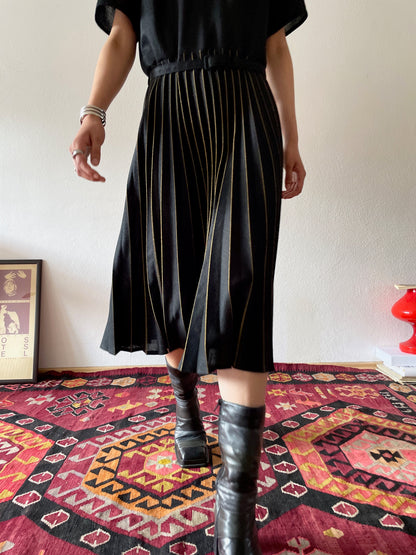 70-80's Black Gold pleated dress, made in England