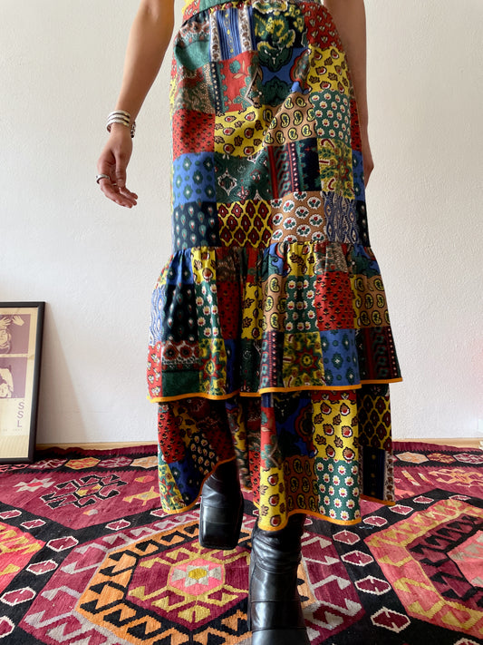 Vintage multi patch work pattern cotton tiered skirt