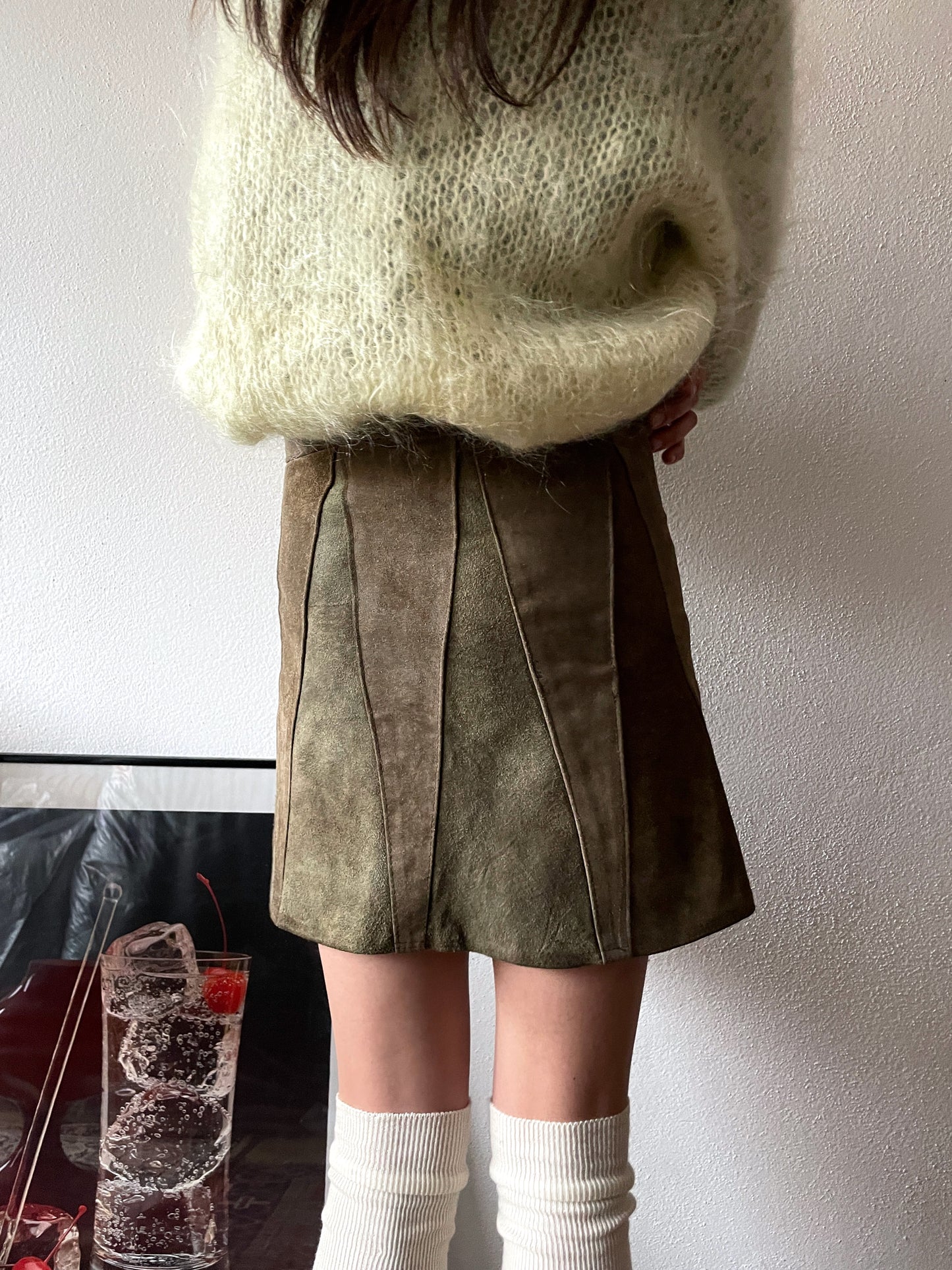 suede leather mini skirt bicolor wrap 巻きスカート レザー レザースカート ミニスカート ミニ ヴィンテージ スエード スウェード バイカラー ツートーン