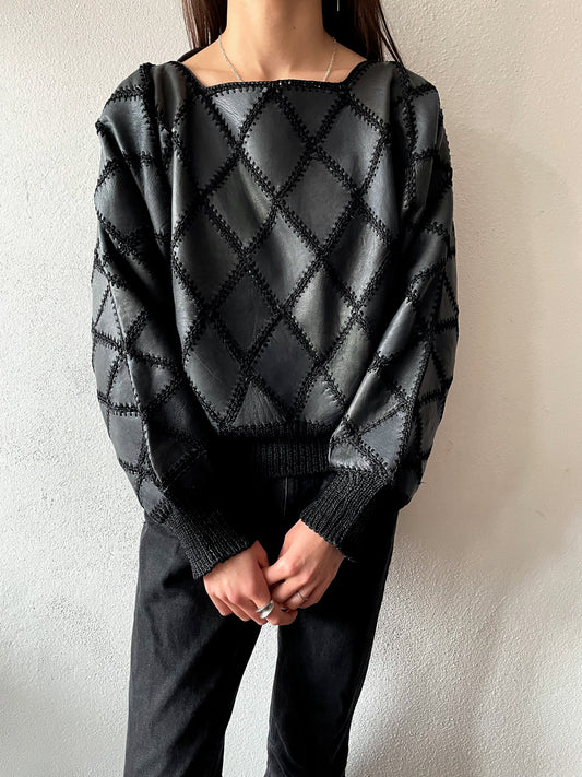 90's leather patchwork black top
