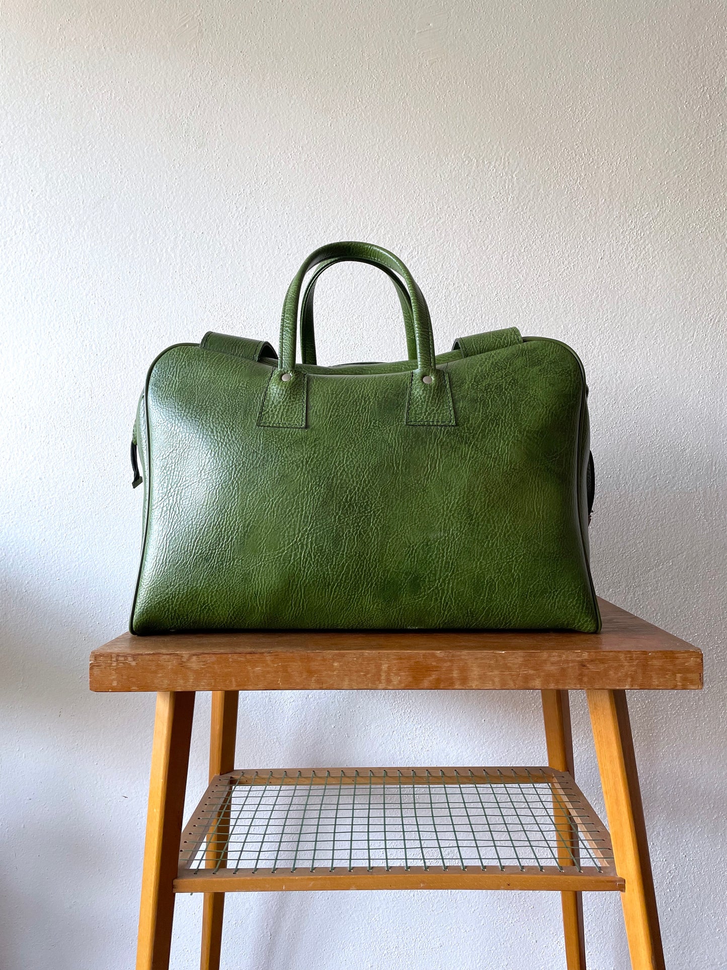 70's green leather travel bag