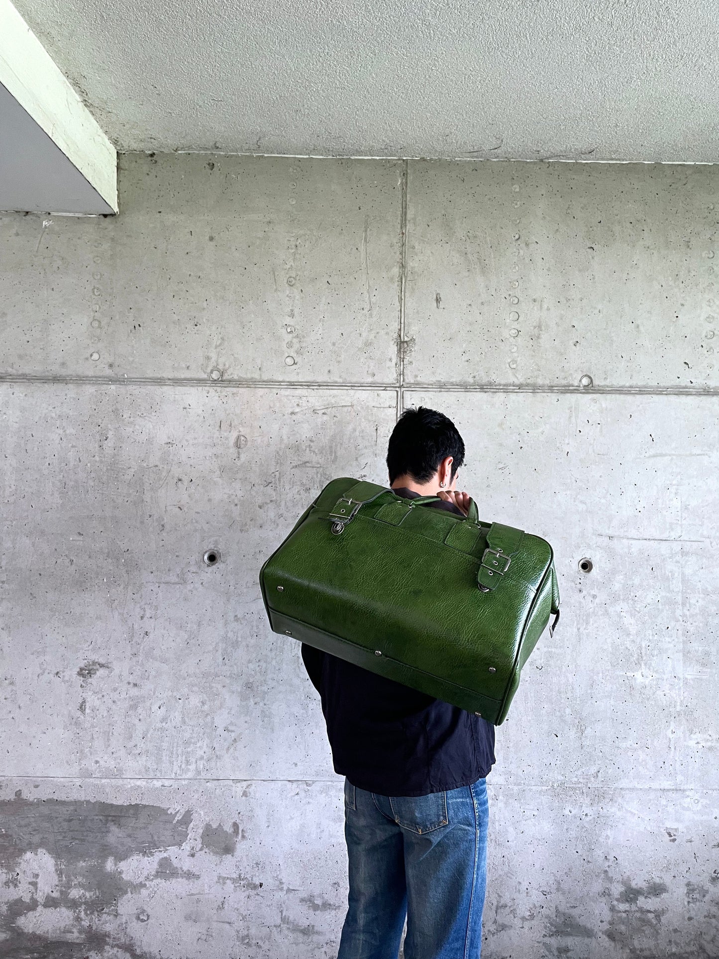 70's green leather travel bag