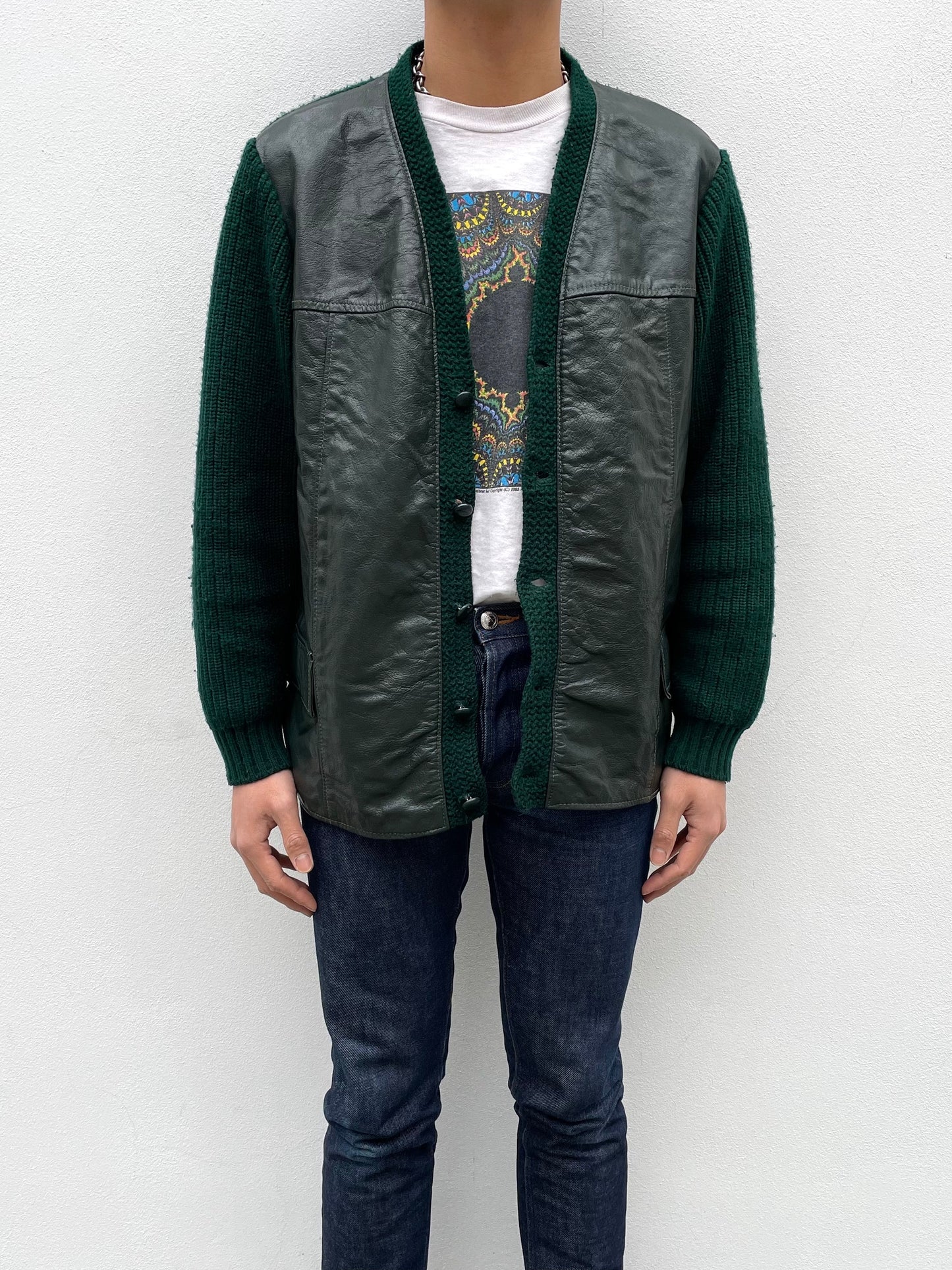 Vintage leather switching wool cardigan.