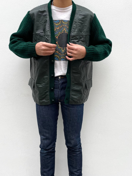 Vintage leather switching wool cardigan.