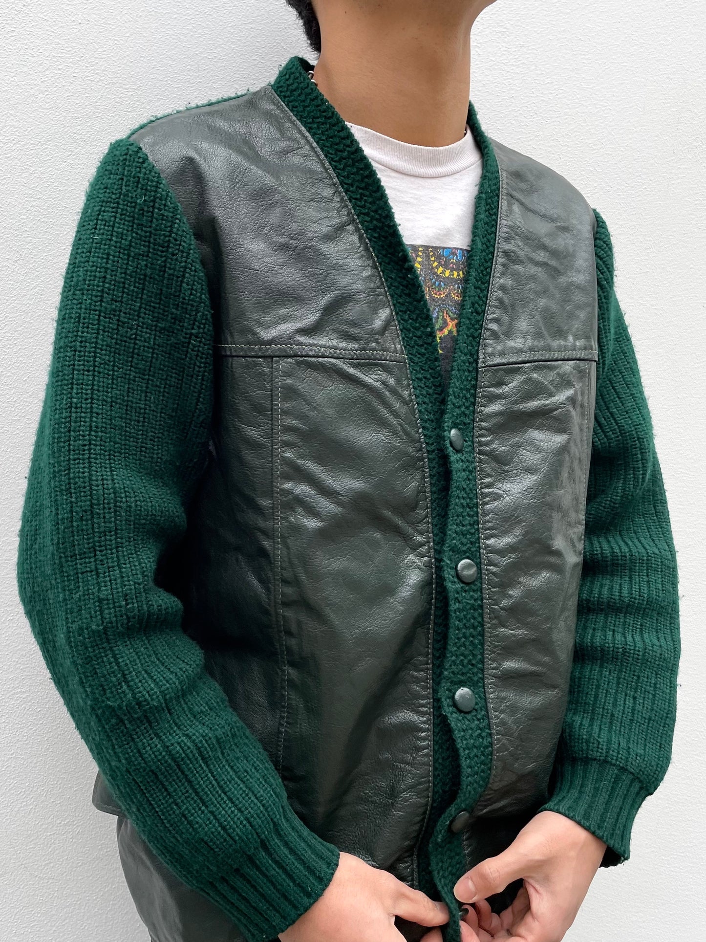 Vintage leather switching wool cardigan.