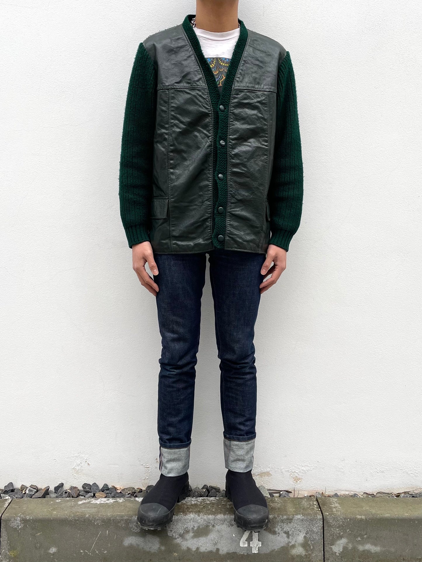 Vintage leather switching wool cardigan.