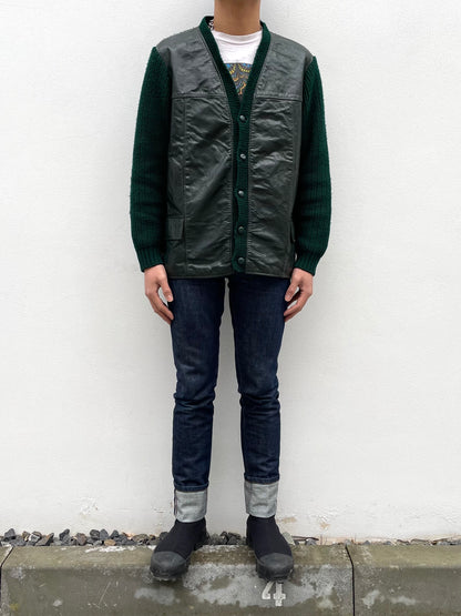 Vintage leather switching wool cardigan.