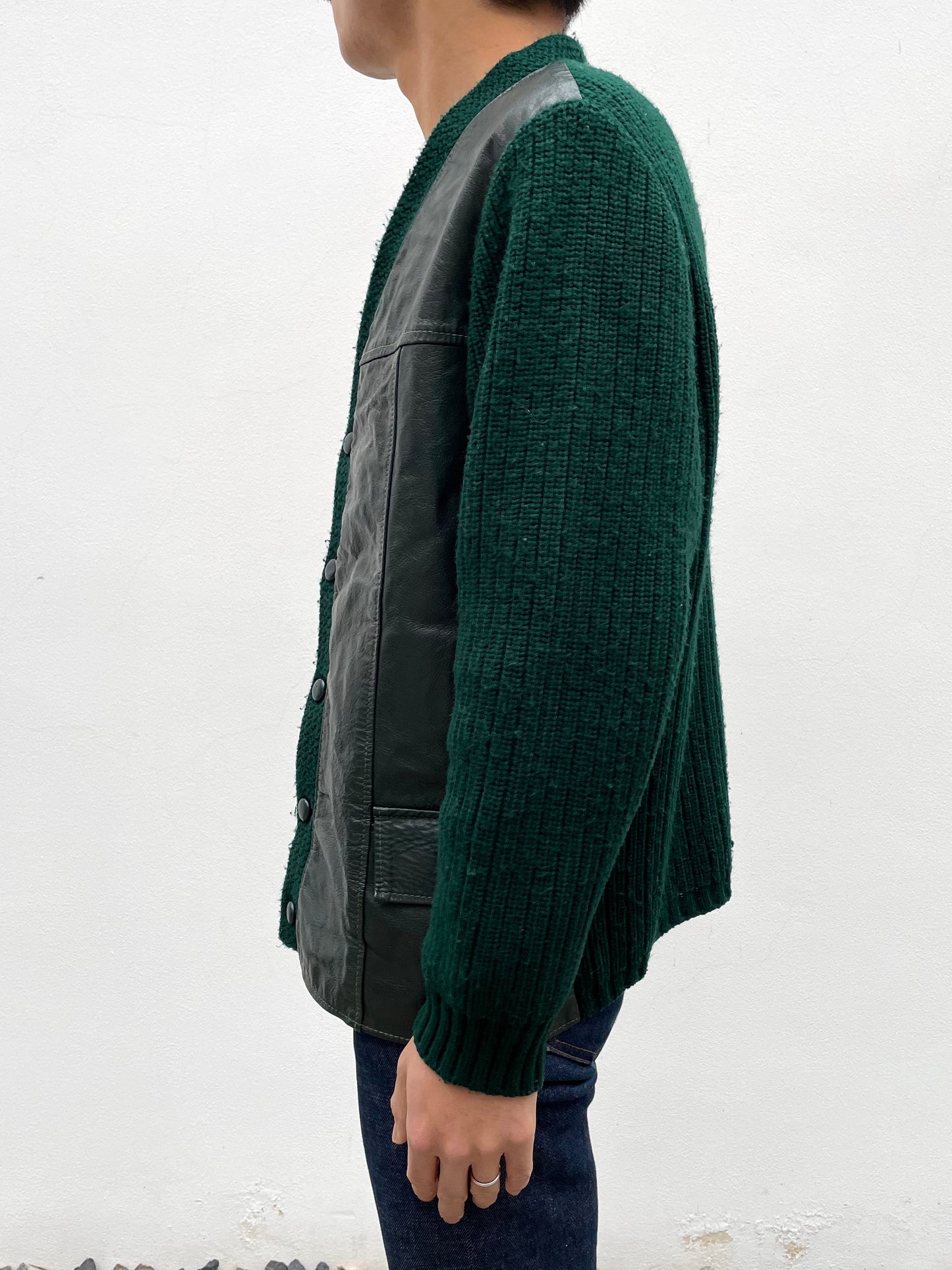 Vintage leather switching wool cardigan.