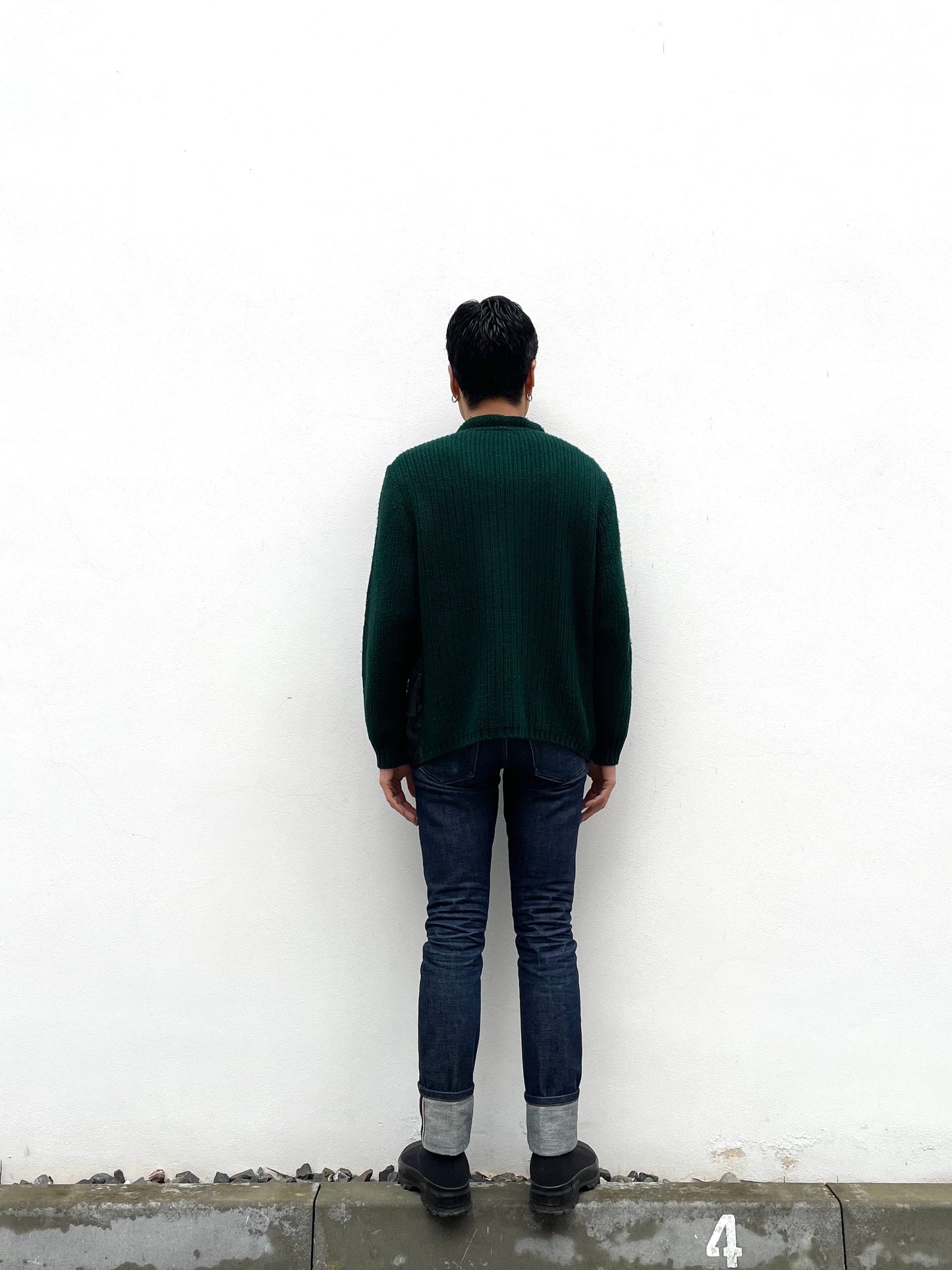 Vintage leather switching wool cardigan.