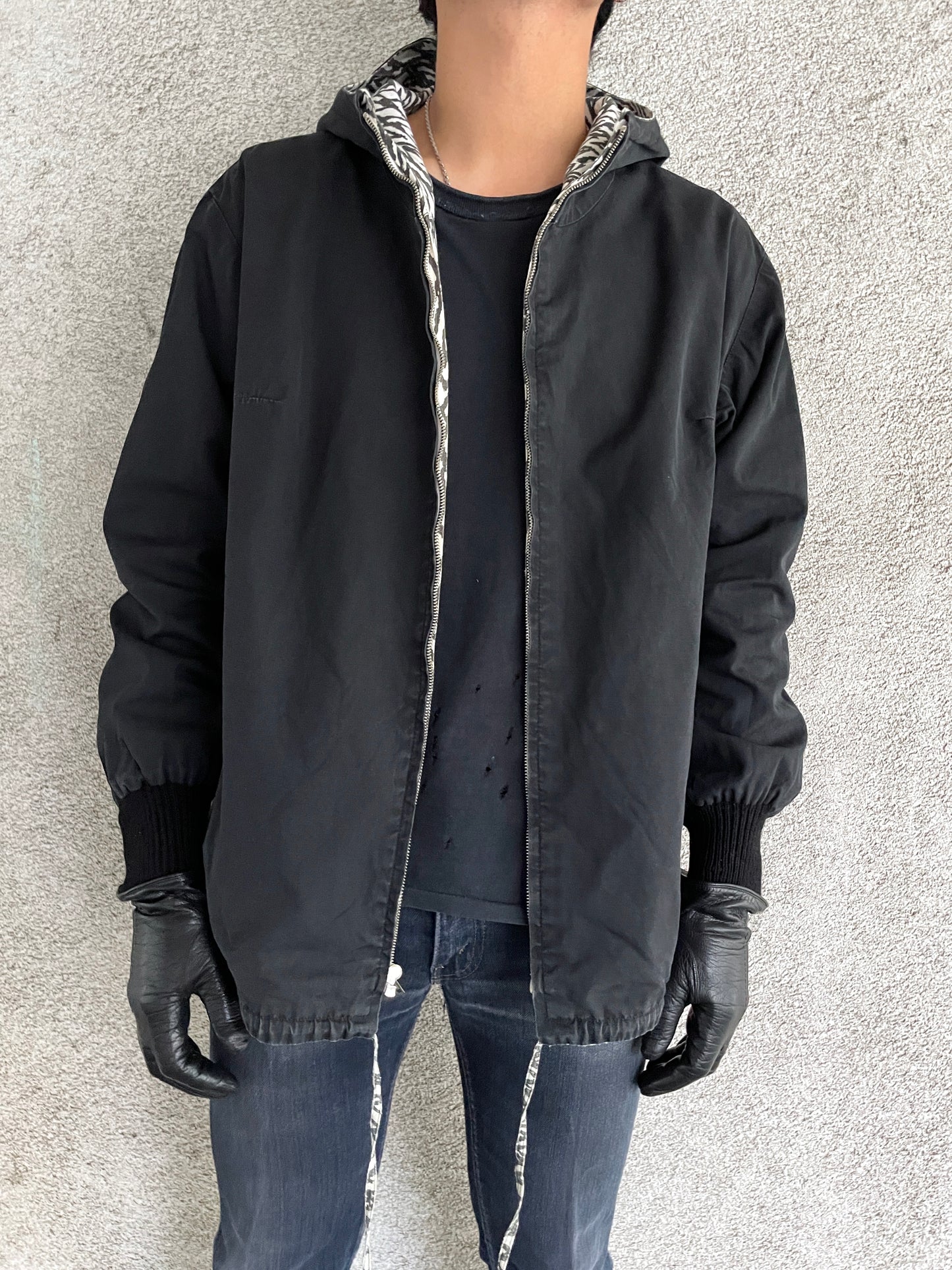 60's black × white cotton zip up parka