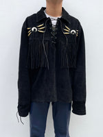 Black suède leather fringe pullover