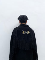 Black suède leather fringe pullover