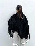 Black suède leather fringe pullover